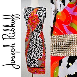 Joseph Ribkoff Mixed Media Mod Patchwork Sheath Dress Rhinestone/Sequin 8